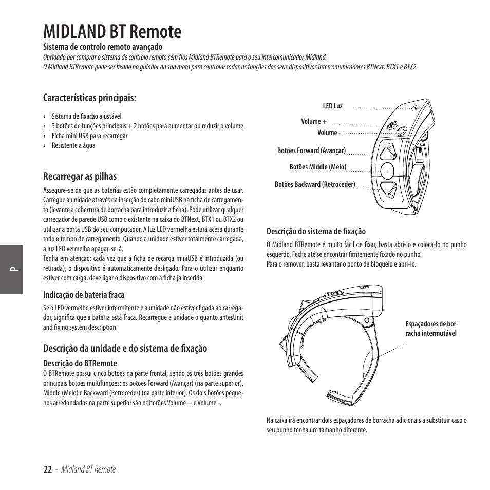 Midland bt remote, Características principais, Recarregar as pilhas | Descrição da unidade e do sistema de fixação | MIDLAND BT Remote User Manual | Page 22 / 41