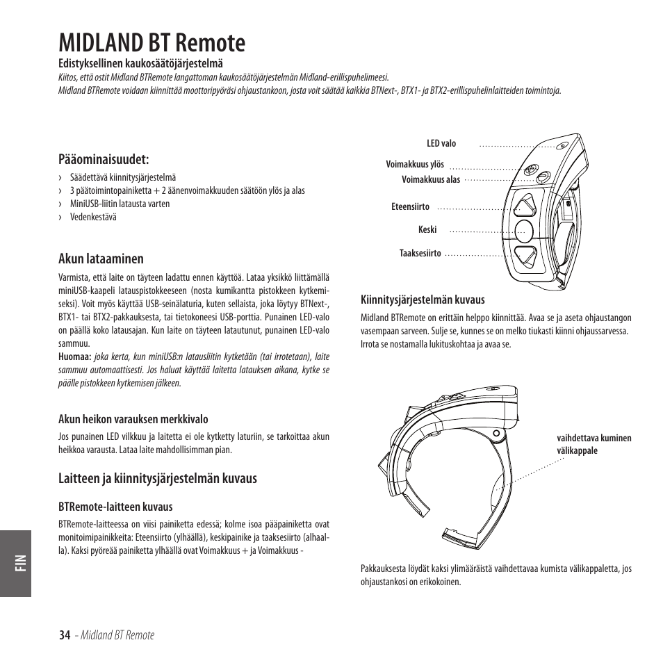 Midland bt remote, Pääominaisuudet, Akun lataaminen | Laitteen ja kiinnitysjärjestelmän kuvaus | MIDLAND BT Remote User Manual | Page 34 / 41