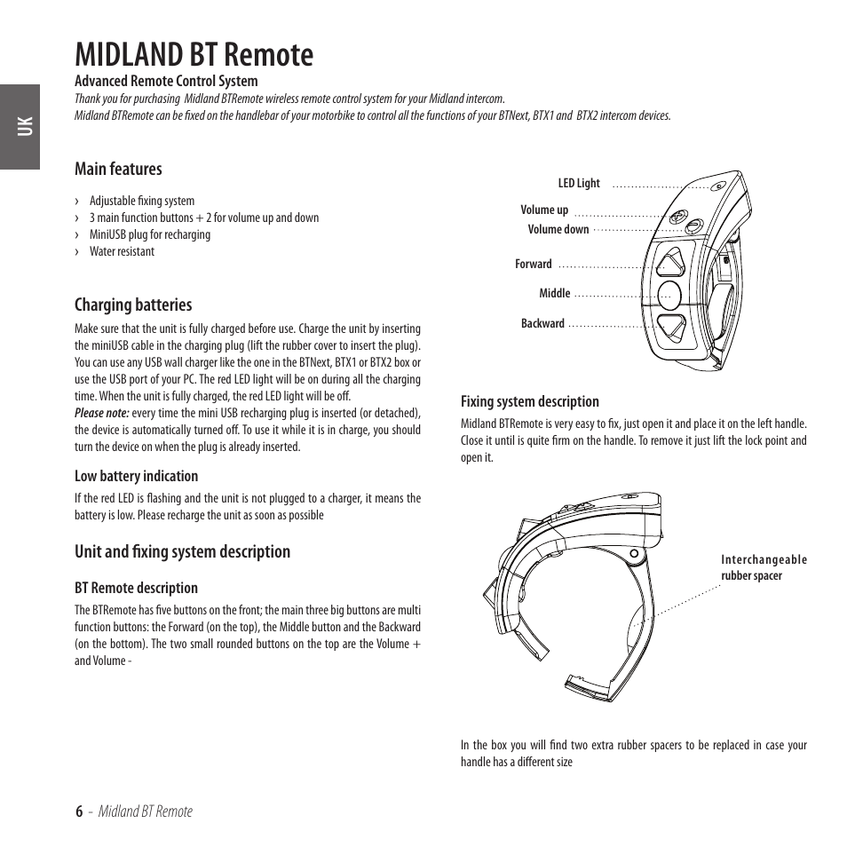 Midland bt remote, Main features, Charging batteries | Unit and fixing system description | MIDLAND BT Remote User Manual | Page 6 / 41