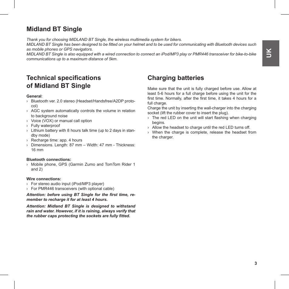 Uk midland bt single, Technical specifications of midland bt single, Charging batteries | MIDLAND BT Single User Manual | Page 3 / 12