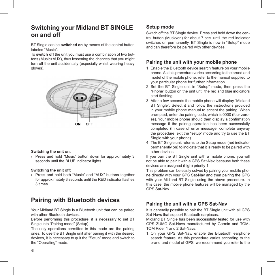 Switching your midland bt single on and off, Pairing with bluetooth devices | MIDLAND BT Single User Manual | Page 6 / 12