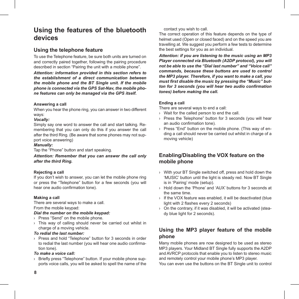 Using the features of the bluetooth devices | MIDLAND BT Single User Manual | Page 8 / 12