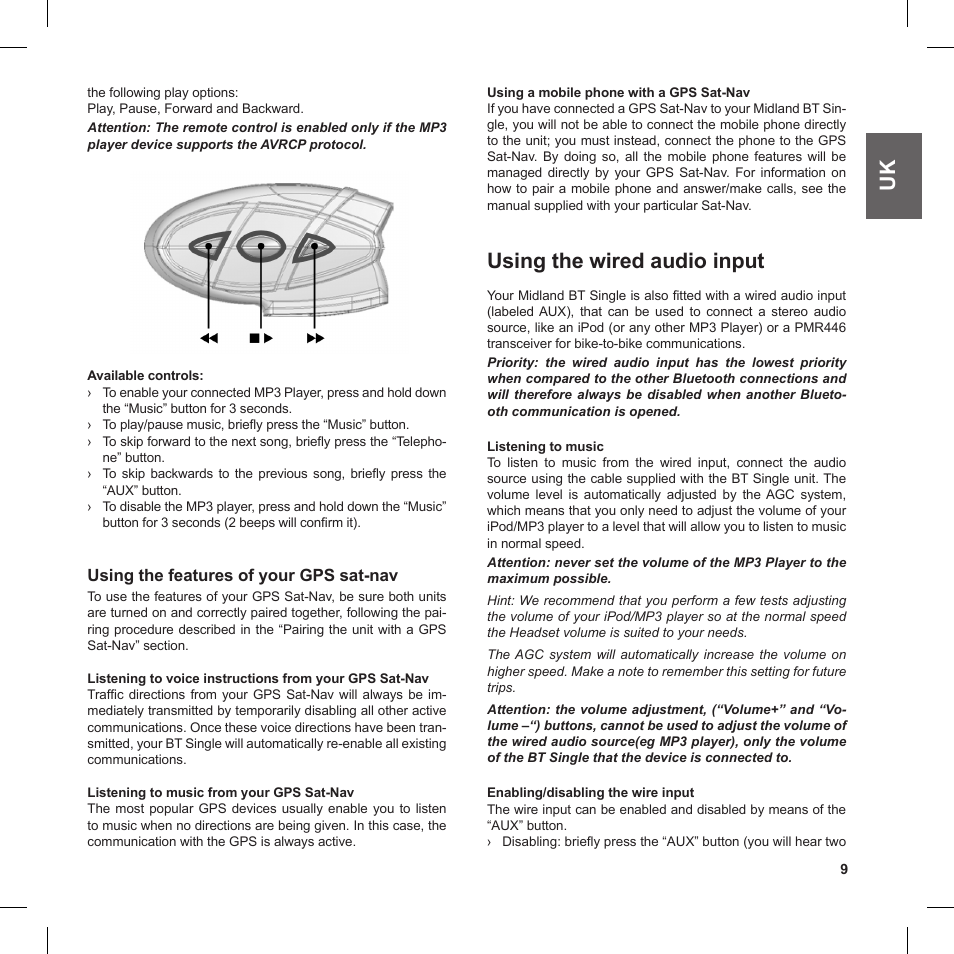 Using the wired audio input | MIDLAND BT Single User Manual | Page 9 / 12