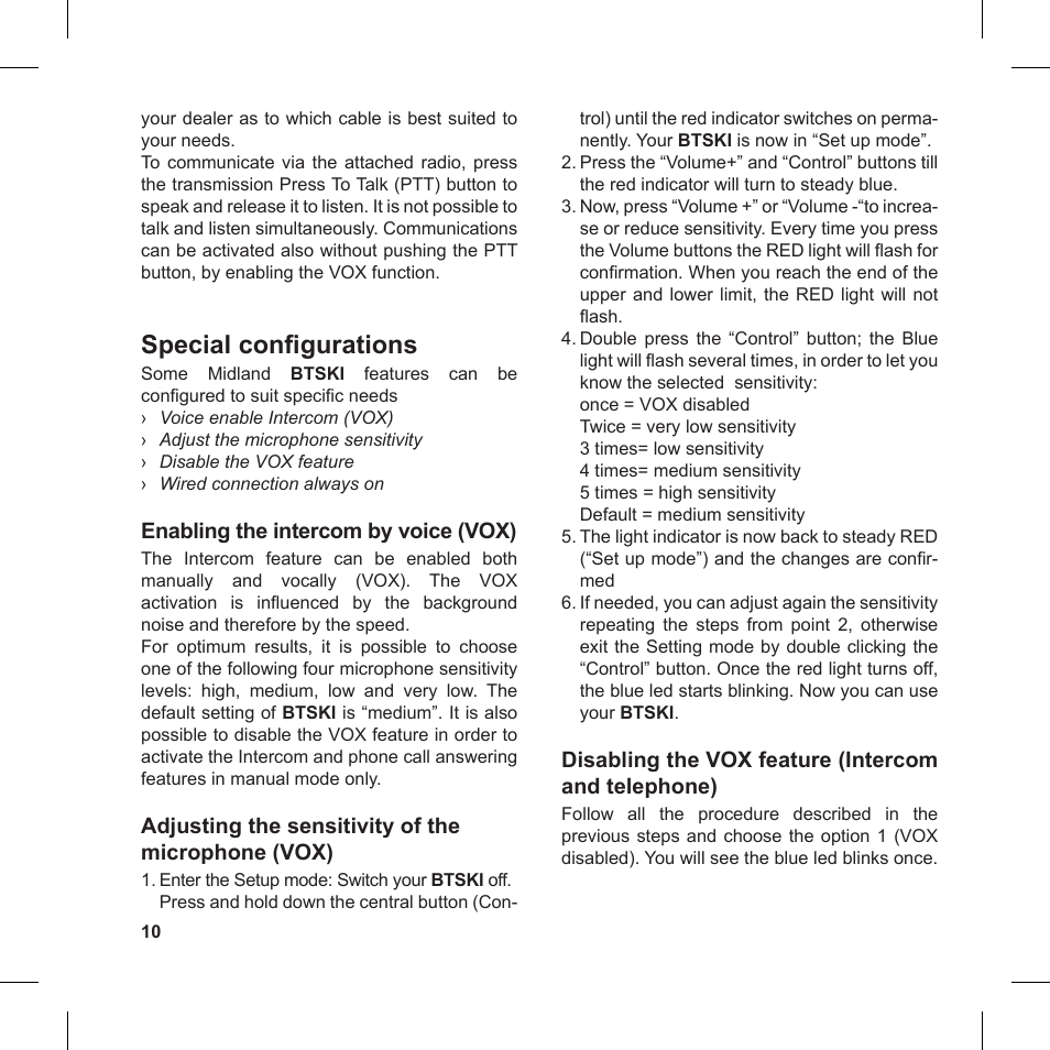 Special configurations | MIDLAND BT Ski User Manual | Page 10 / 16