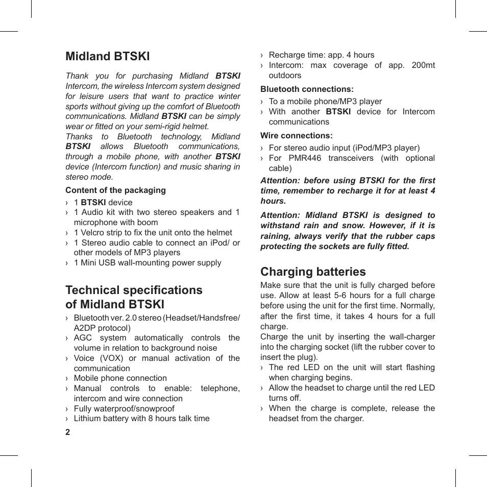 Midland btski, Technical specifications of midland btski, Charging batteries | MIDLAND BT Ski User Manual | Page 2 / 16