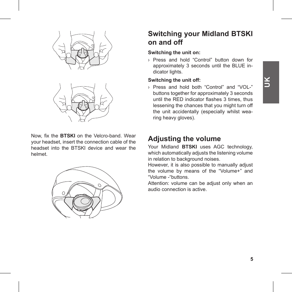 Switching your midland btski on and off, Adjusting the volume | MIDLAND BT Ski User Manual | Page 5 / 16