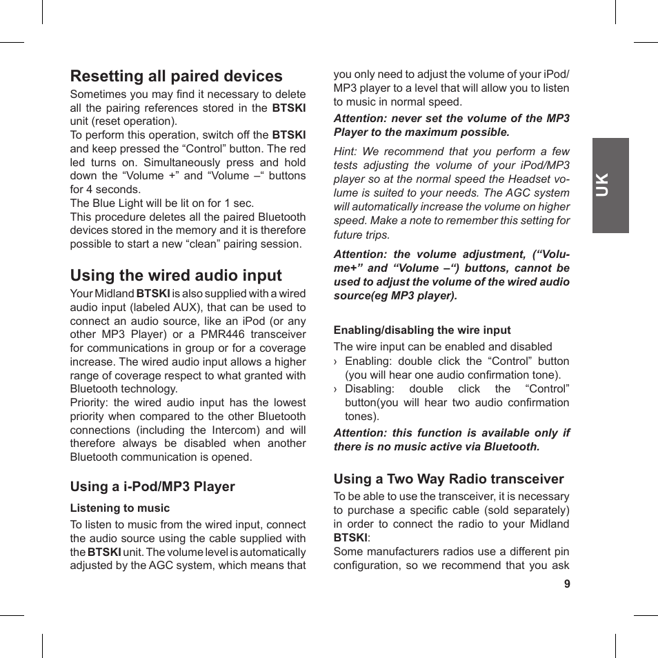 Resetting all paired devices, Using the wired audio input | MIDLAND BT Ski User Manual | Page 9 / 16