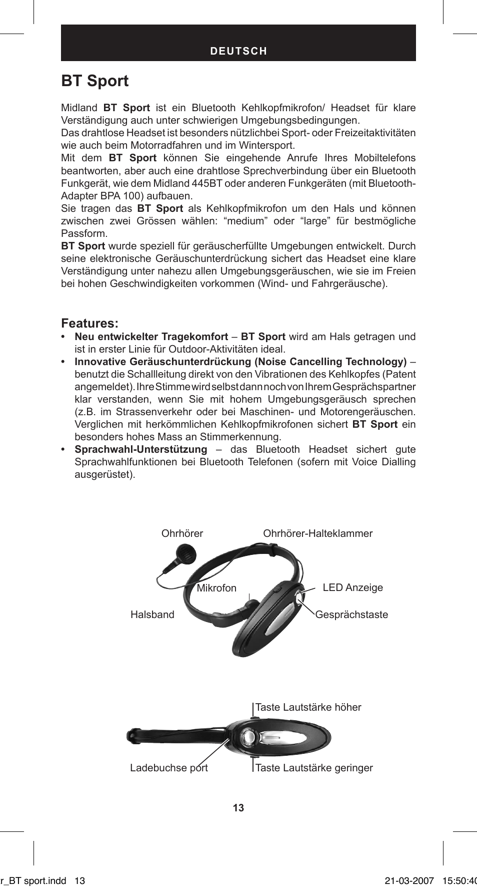 Bt sport, Features | MIDLAND BT Sport User Manual | Page 13 / 32