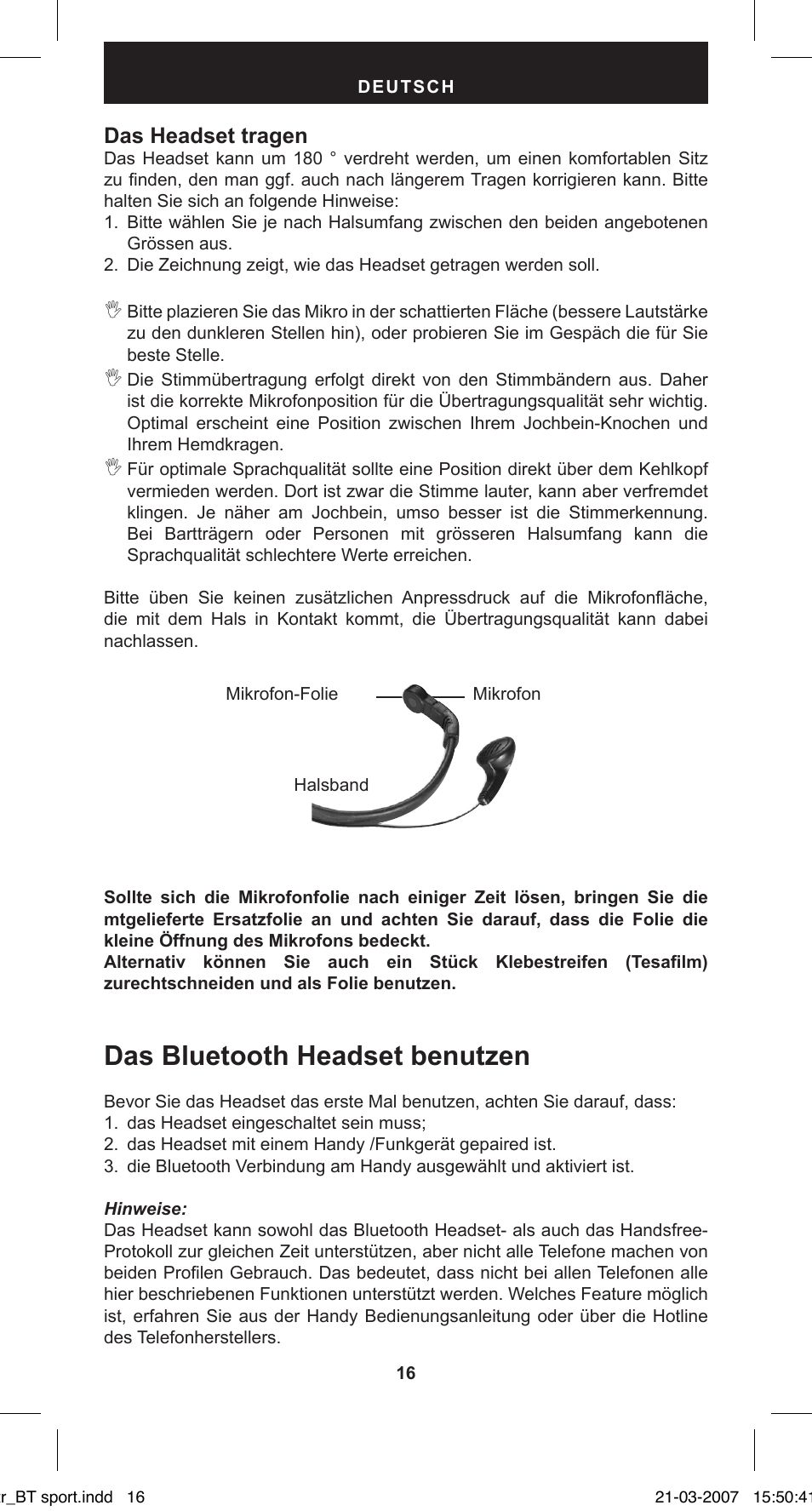 Das bluetooth headset benutzen, Das headset tragen | MIDLAND BT Sport User Manual | Page 16 / 32