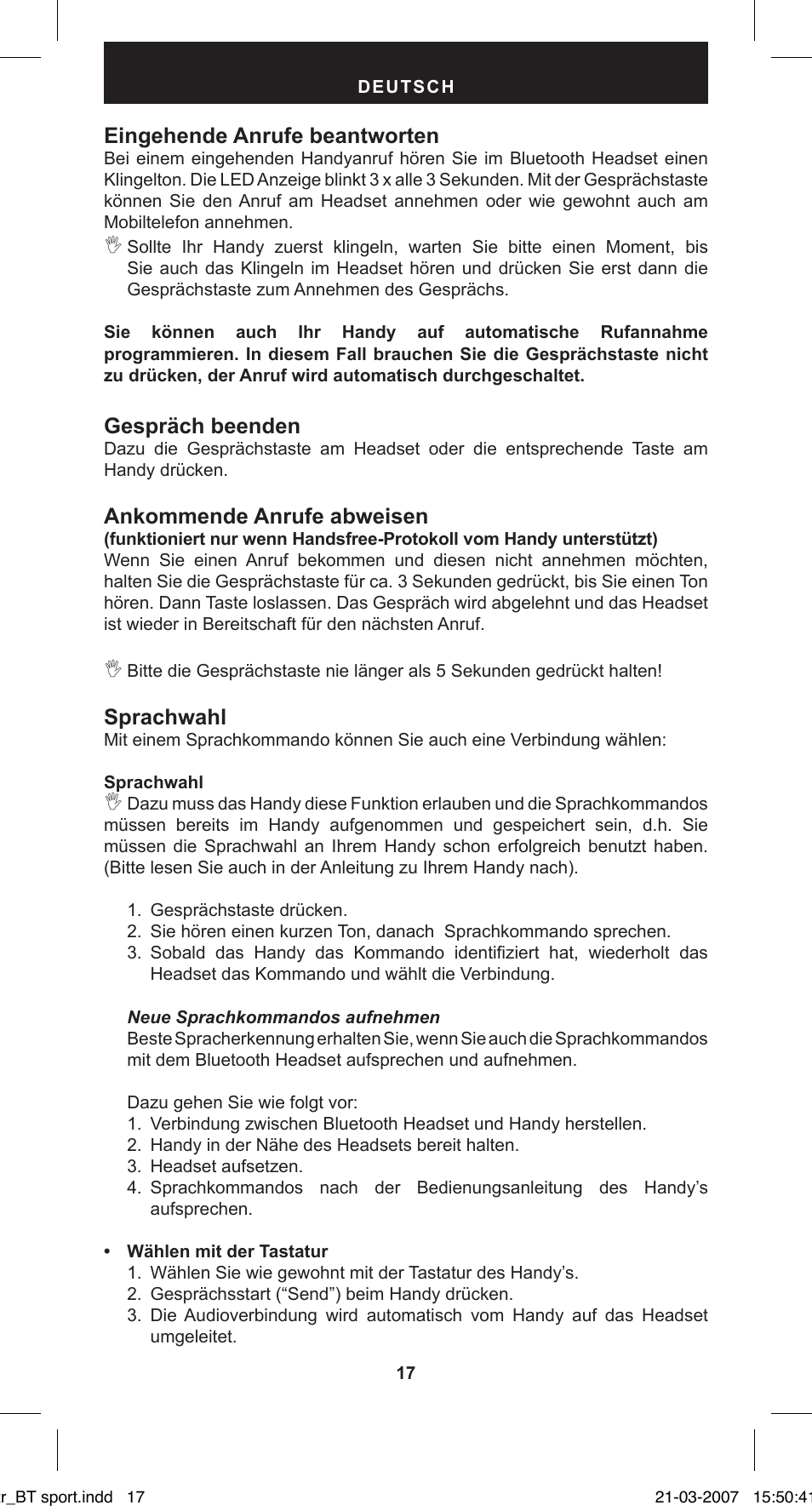 Eingehende anrufe beantworten, Gespräch beenden, Ankommende anrufe abweisen | Sprachwahl | MIDLAND BT Sport User Manual | Page 17 / 32