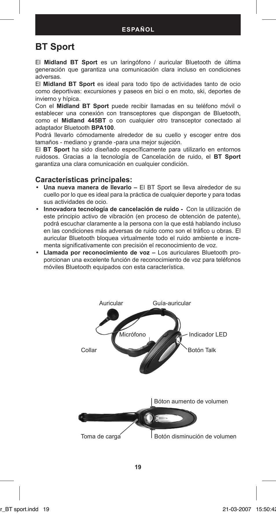 Bt sport, Características principales | MIDLAND BT Sport User Manual | Page 19 / 32