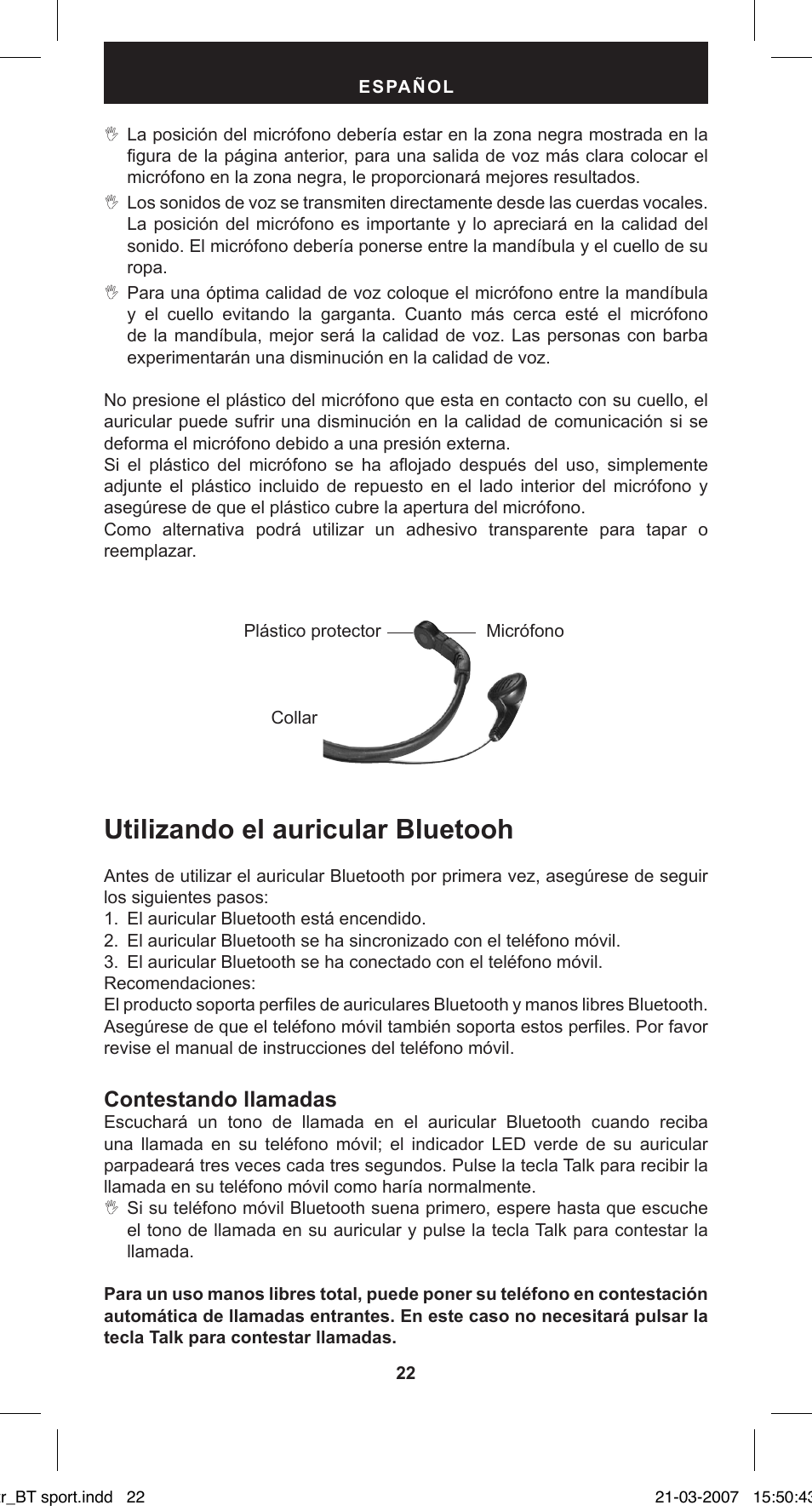 Utilizando el auricular bluetooh, Contestando llamadas | MIDLAND BT Sport User Manual | Page 22 / 32