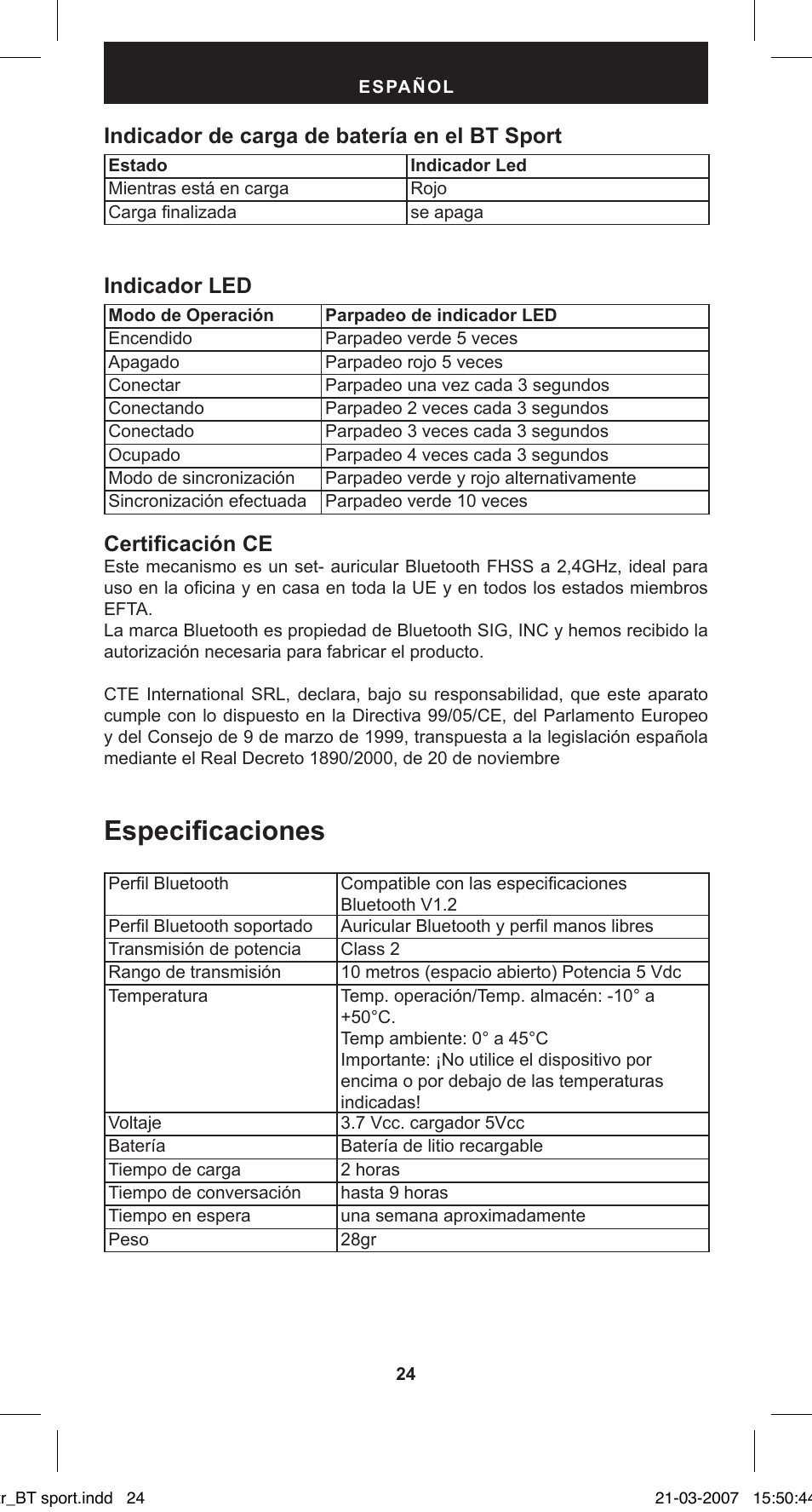 Especificaciones, Indicador de carga de batería en el bt sport, Indicador led | Certificación ce | MIDLAND BT Sport User Manual | Page 24 / 32