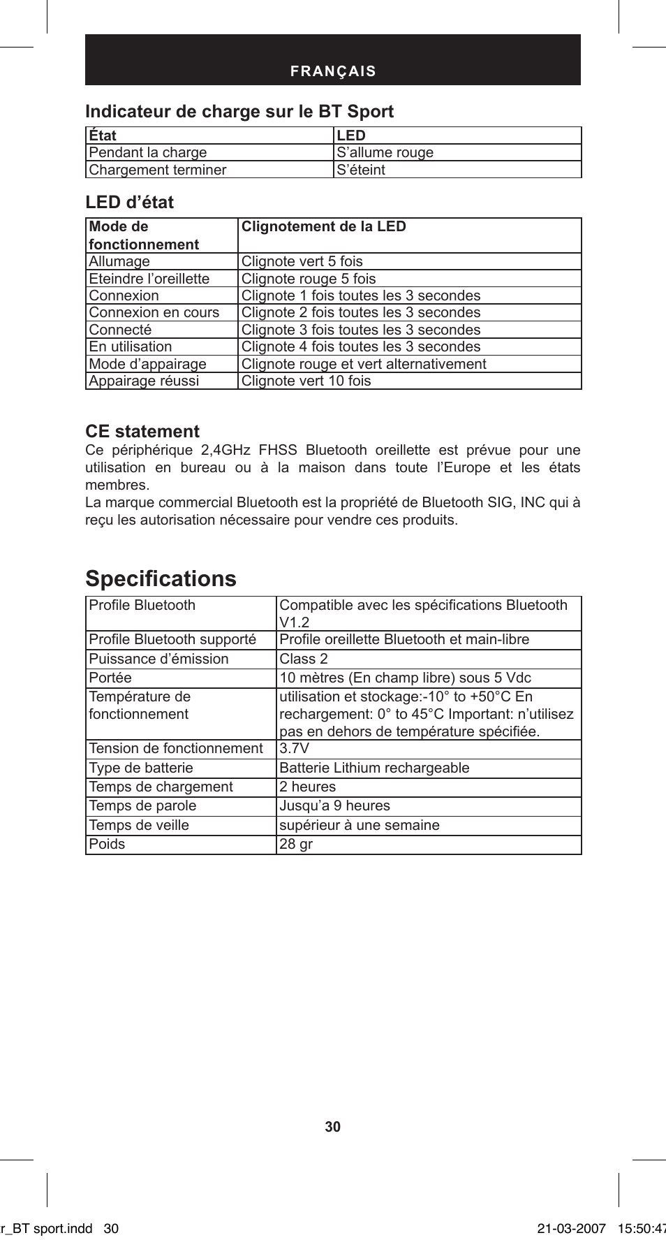 Specifications, Indicateur de charge sur le bt sport, Led d’état | Ce statement | MIDLAND BT Sport User Manual | Page 30 / 32