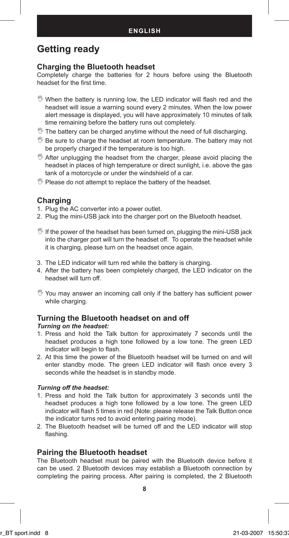 Getting ready, Charging the bluetooth headset, Charging | Turning the bluetooth headset on and off, Pairing the bluetooth headset | MIDLAND BT Sport User Manual | Page 8 / 32