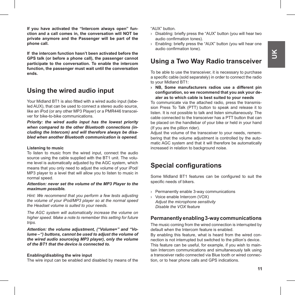 Using the wired audio input, Using a two way radio transceiver, Special configurations | MIDLAND BT1 User Manual | Page 11 / 16