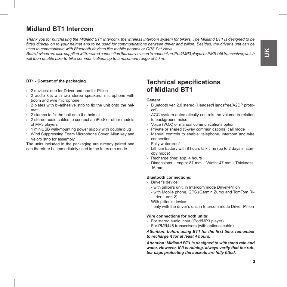 Uk midland bt1 intercom, Technical specifications of midland bt1 | MIDLAND BT1 User Manual | Page 3 / 16