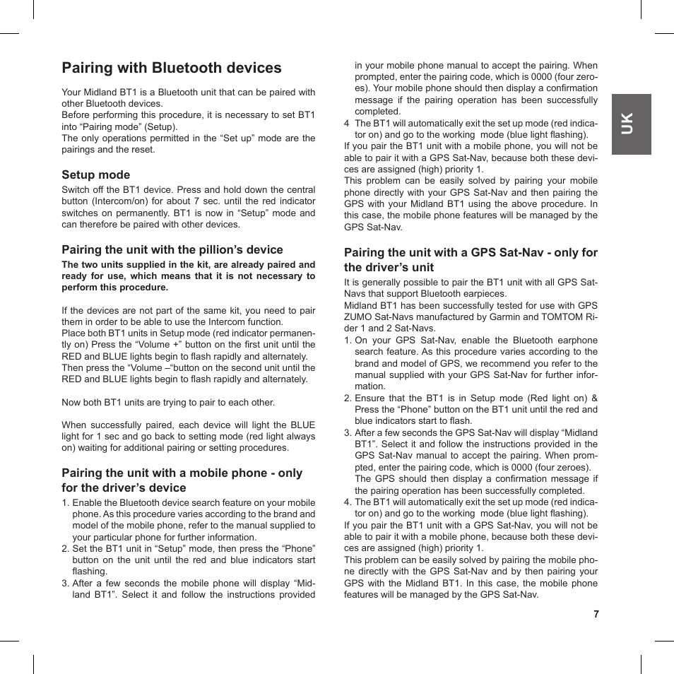 Uk pairing with bluetooth devices | MIDLAND BT1 User Manual | Page 7 / 16