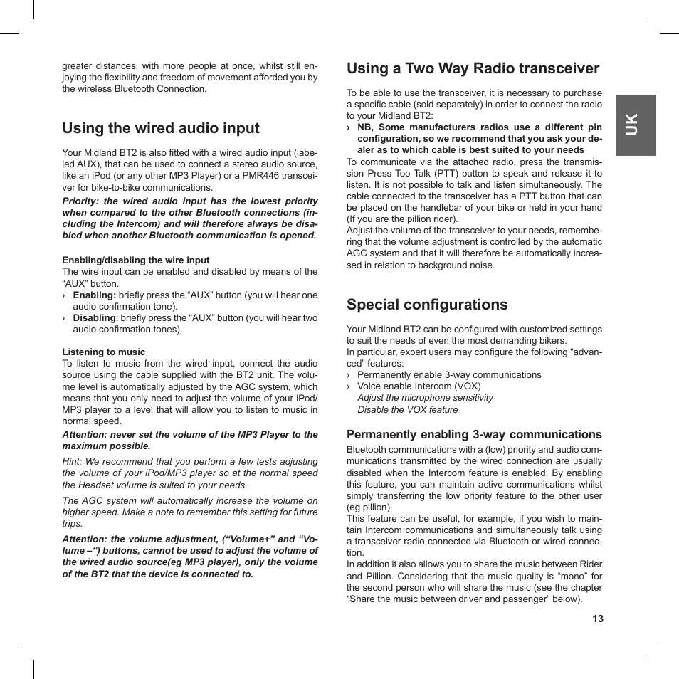 Using the wired audio input, Using a two way radio transceiver, Special configurations | MIDLAND BT2 User Manual | Page 13 / 18