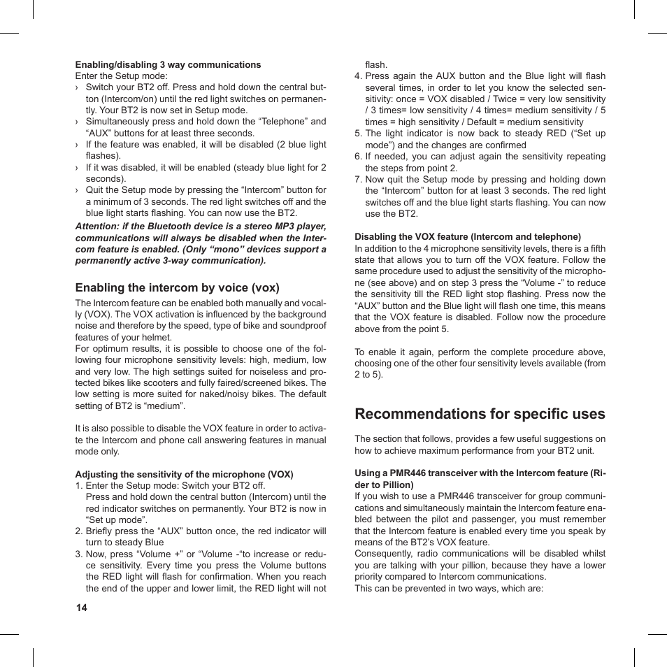 Recommendations for specific uses | MIDLAND BT2 User Manual | Page 14 / 18