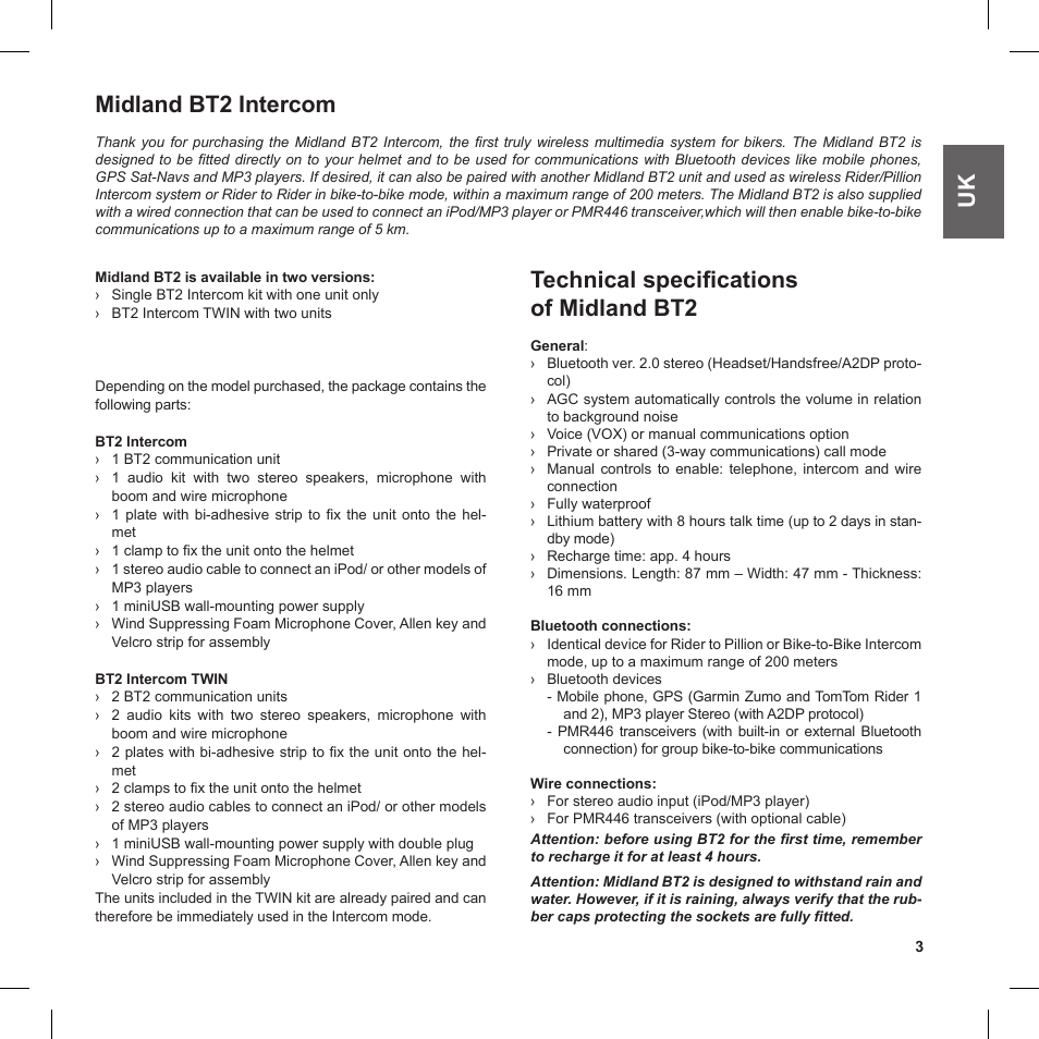 Uk midland bt2 intercom, Technical specifications of midland bt2 | MIDLAND BT2 User Manual | Page 3 / 18