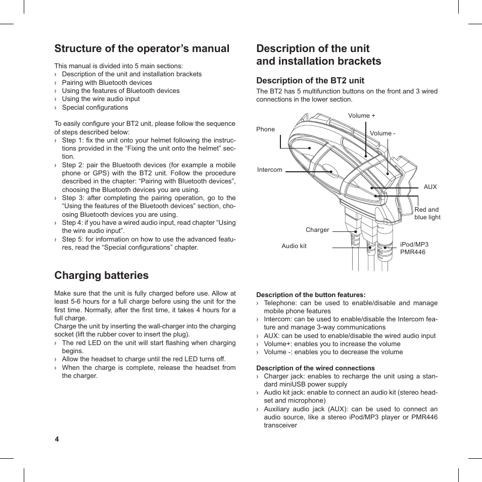 Structure of the operator’s manual, Charging batteries, Description of the unit and installation brackets | MIDLAND BT2 User Manual | Page 4 / 18