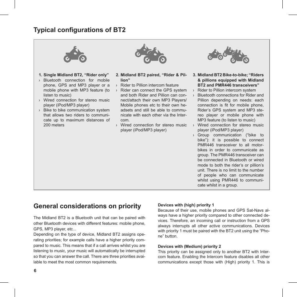 Typical configurations of bt2, General considerations on priority | MIDLAND BT2 User Manual | Page 6 / 18