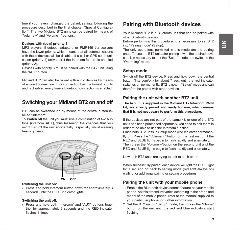 Switching your midland bt2 on and off, Pairing with bluetooth devices | MIDLAND BT2 User Manual | Page 7 / 18