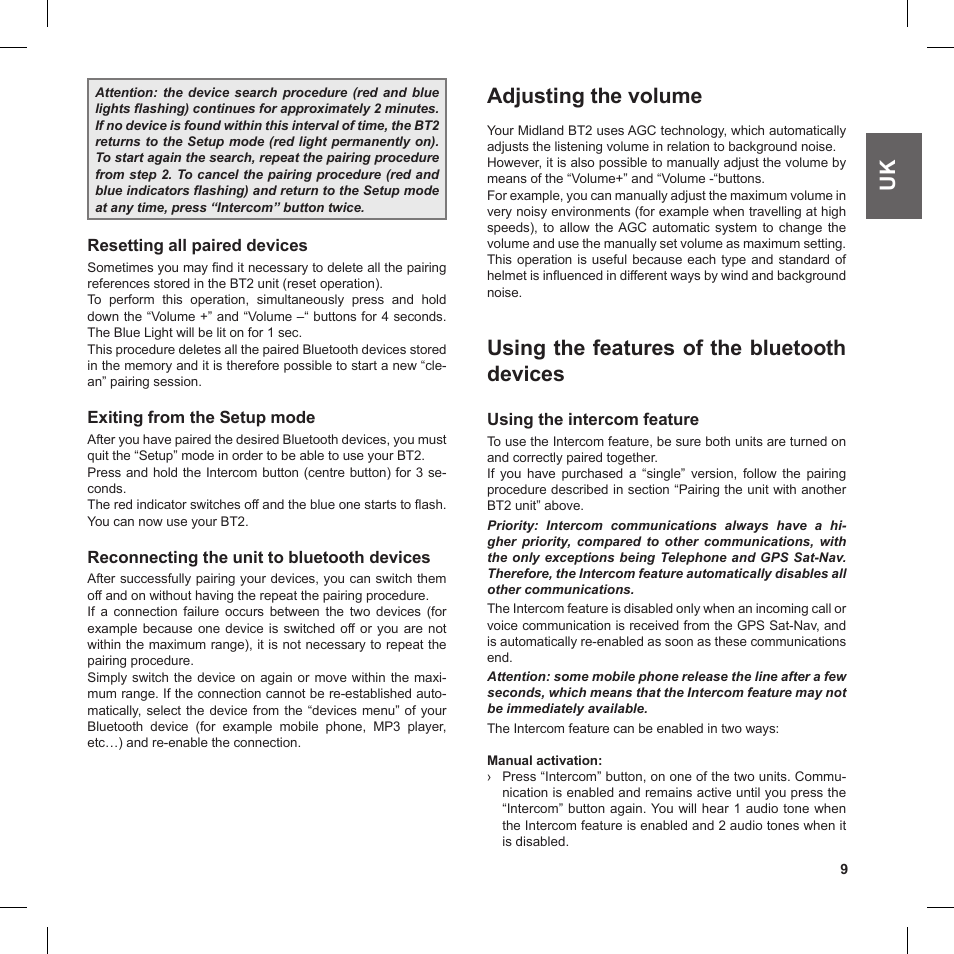 Adjusting the volume, Using the features of the bluetooth devices | MIDLAND BT2 User Manual | Page 9 / 18