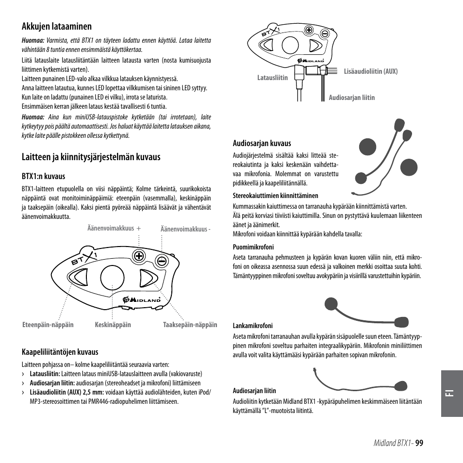 Akkujen lataaminen, Laitteen ja kiinnitysjärjestelmän kuvaus | MIDLAND BTX1 User Manual | Page 100 / 111