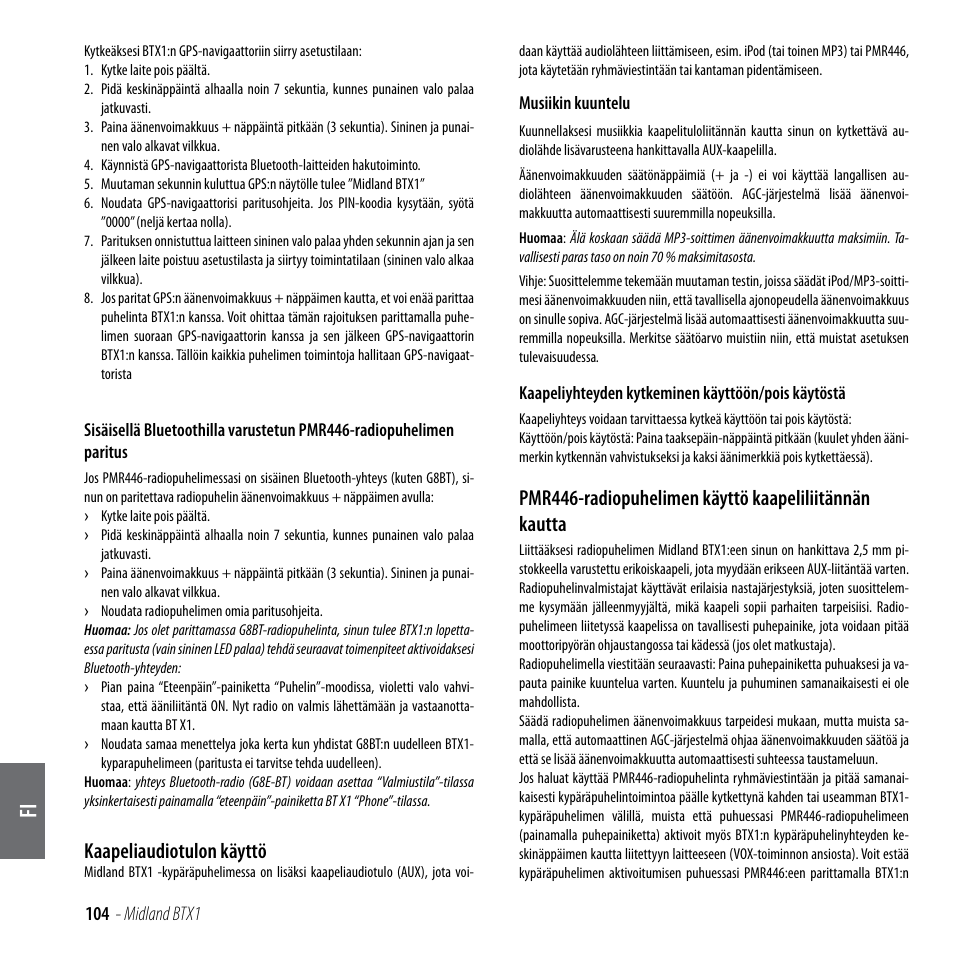 Kaapeliaudiotulon käyttö | MIDLAND BTX1 User Manual | Page 105 / 111
