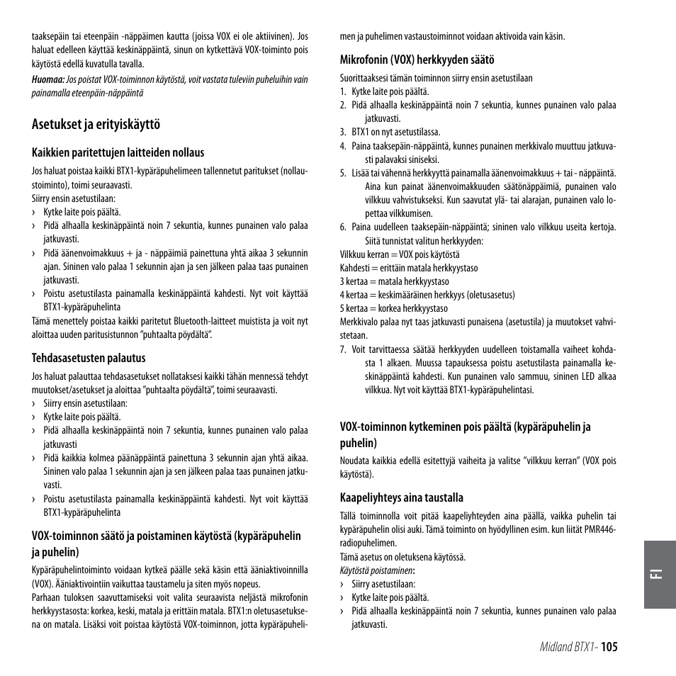 Asetukset ja erityiskäyttö | MIDLAND BTX1 User Manual | Page 106 / 111