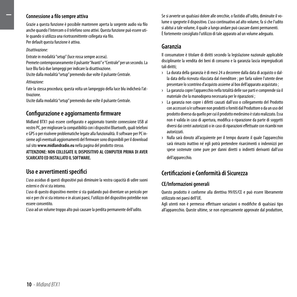 Configurazione e aggiornamento firmware, Uso e avvertimenti specifici, Garanzia | Certificazioni e conformità di sicurezza | MIDLAND BTX1 User Manual | Page 11 / 111