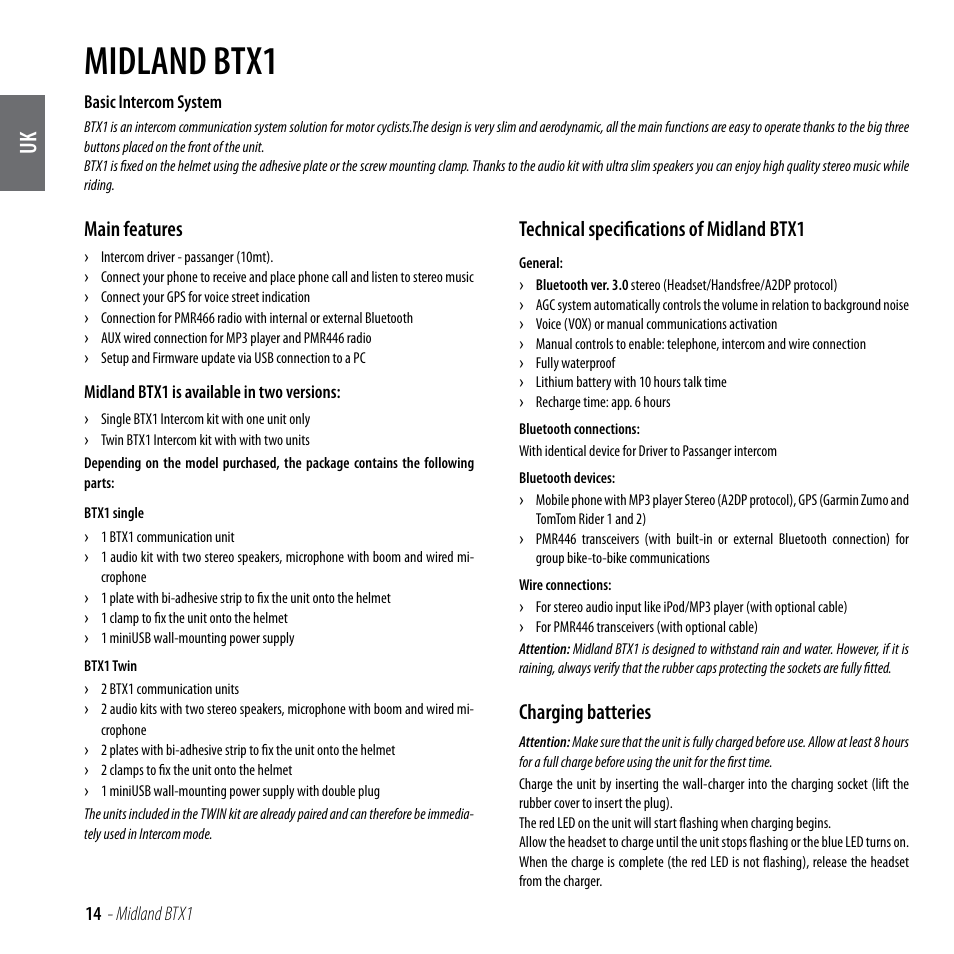 Midland btx1, Main features, Technical specifications of midland btx1 | Charging batteries | MIDLAND BTX1 User Manual | Page 15 / 111