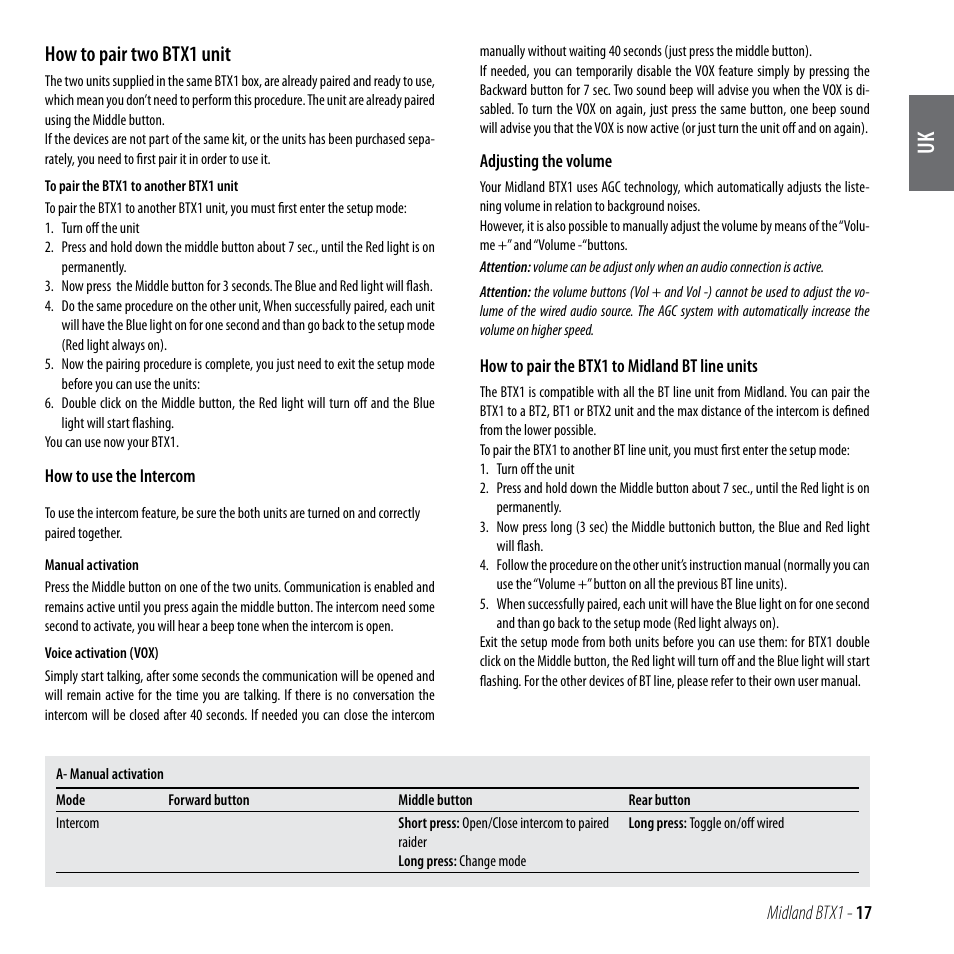 How to pair two btx1 unit | MIDLAND BTX1 User Manual | Page 18 / 111