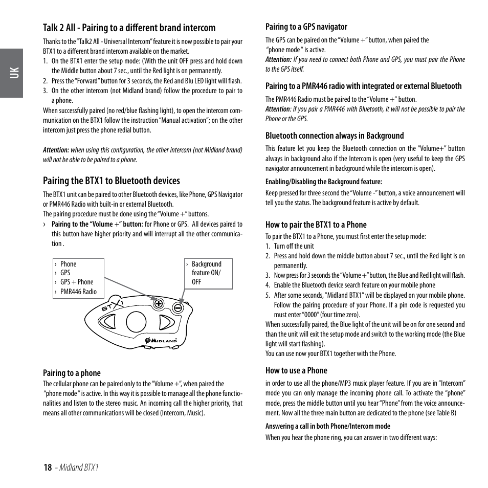 Talk 2 all - pairing to a different brand intercom, Pairing the btx1 to bluetooth devices | MIDLAND BTX1 User Manual | Page 19 / 111