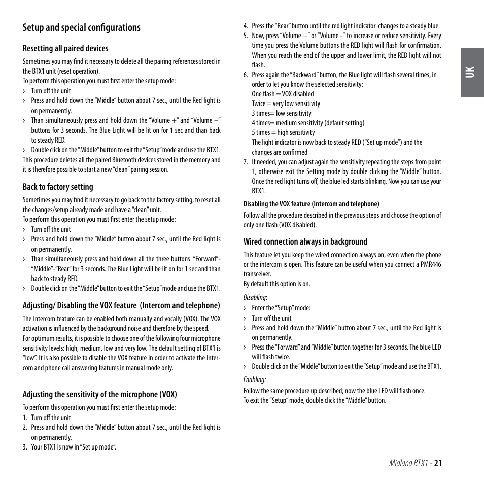 Setup and special configurations | MIDLAND BTX1 User Manual | Page 22 / 111