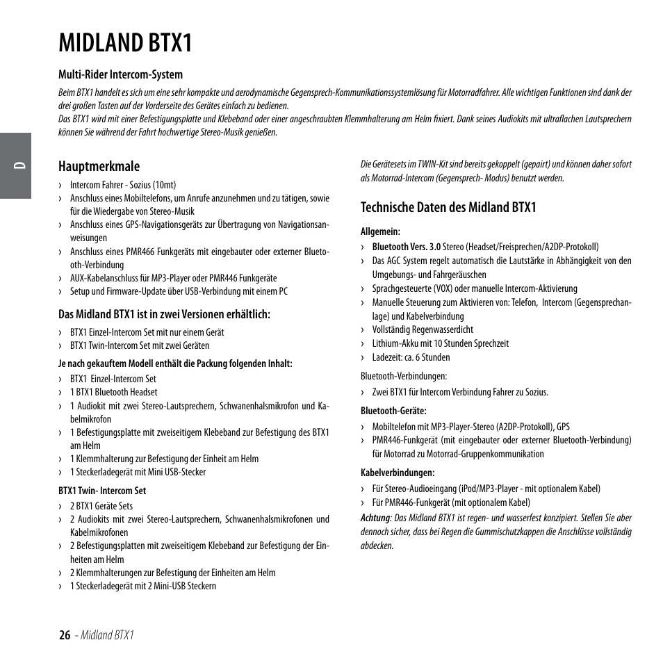 Midland btx1, Hauptmerkmale, Technische daten des midland btx1 | MIDLAND BTX1 User Manual | Page 27 / 111