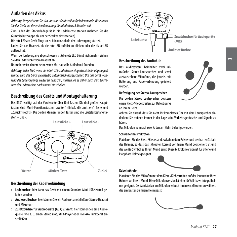 Aufladen des akkus, Beschreibung des geräts und montagehalterung | MIDLAND BTX1 User Manual | Page 28 / 111