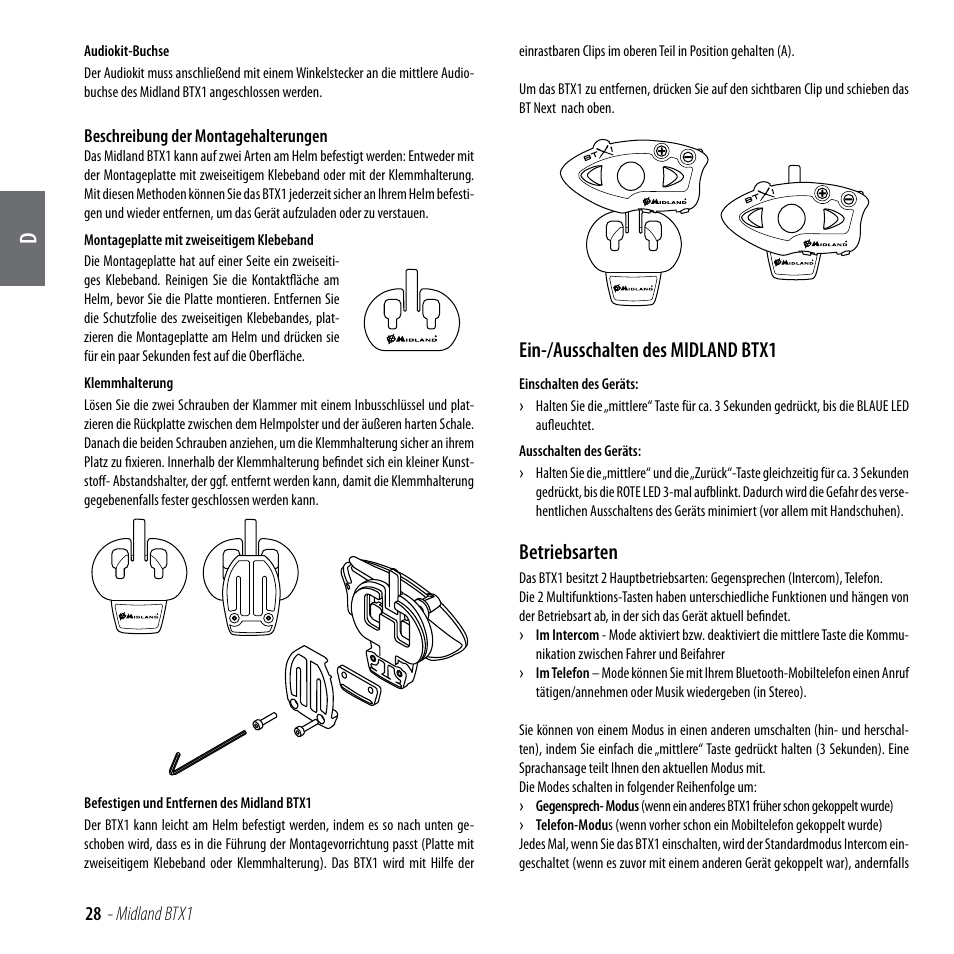 Ein-/ausschalten des midland btx1, Betriebsarten | MIDLAND BTX1 User Manual | Page 29 / 111