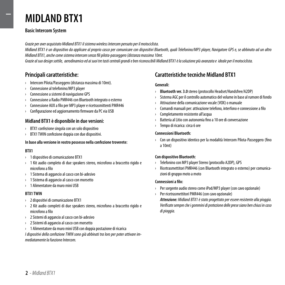 Midland btx1, Principali caratteristiche, Caratteristiche tecniche midland btx1 | MIDLAND BTX1 User Manual | Page 3 / 111