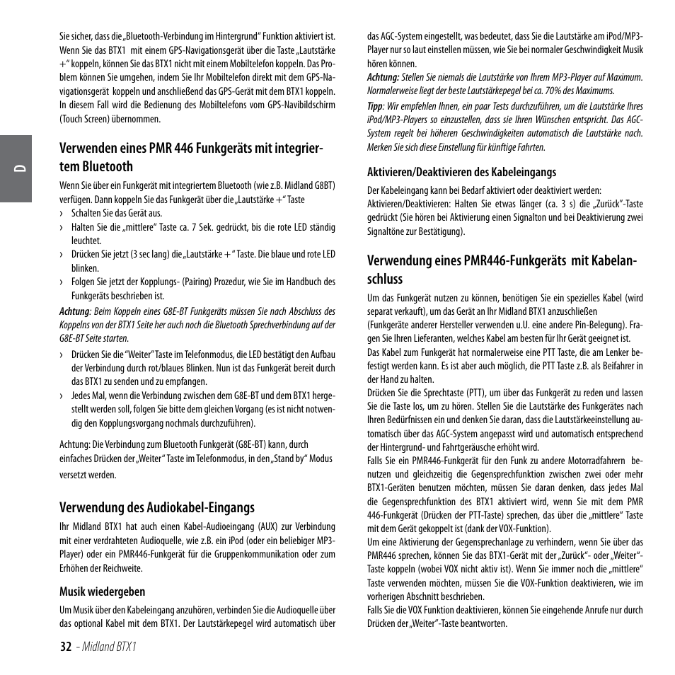 Verwendung des audiokabel-eingangs | MIDLAND BTX1 User Manual | Page 33 / 111