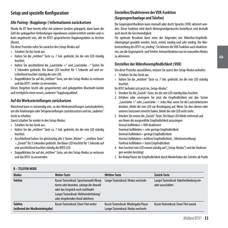 Setup und spezielle konfiguration, Midland btx1 - 33 | MIDLAND BTX1 User Manual | Page 34 / 111