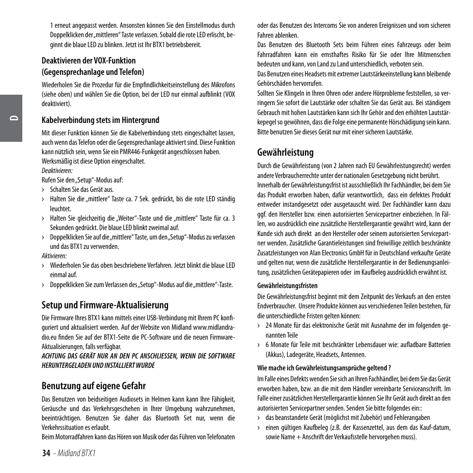 Setup und firmware-aktualisierung, Benutzung auf eigene gefahr, Gewährleistung | MIDLAND BTX1 User Manual | Page 35 / 111