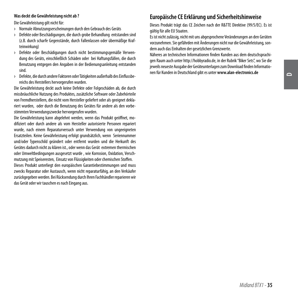 Europäische ce erklärung und sicherheitshinweise | MIDLAND BTX1 User Manual | Page 36 / 111