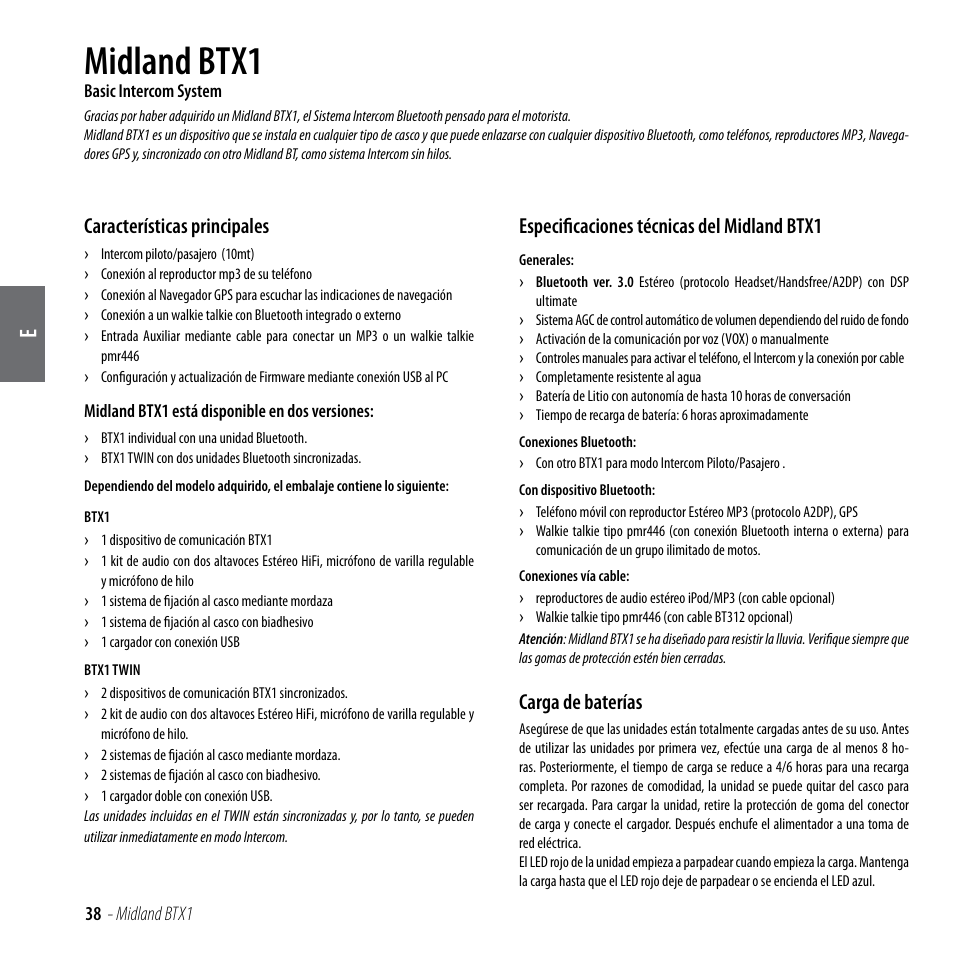 Midland btx1, Características principales, Especificaciones técnicas del midland btx1 | Carga de baterías | MIDLAND BTX1 User Manual | Page 39 / 111
