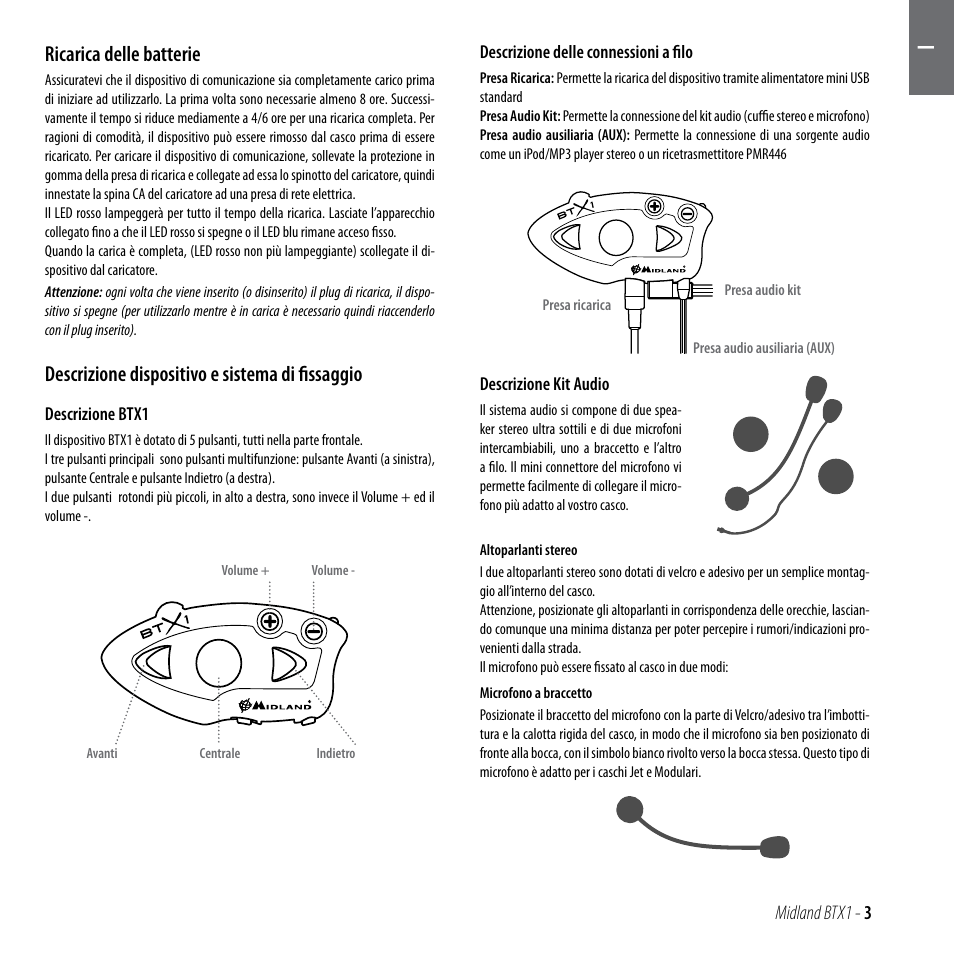 Ricarica delle batterie, Descrizione dispositivo e sistema di fissaggio | MIDLAND BTX1 User Manual | Page 4 / 111