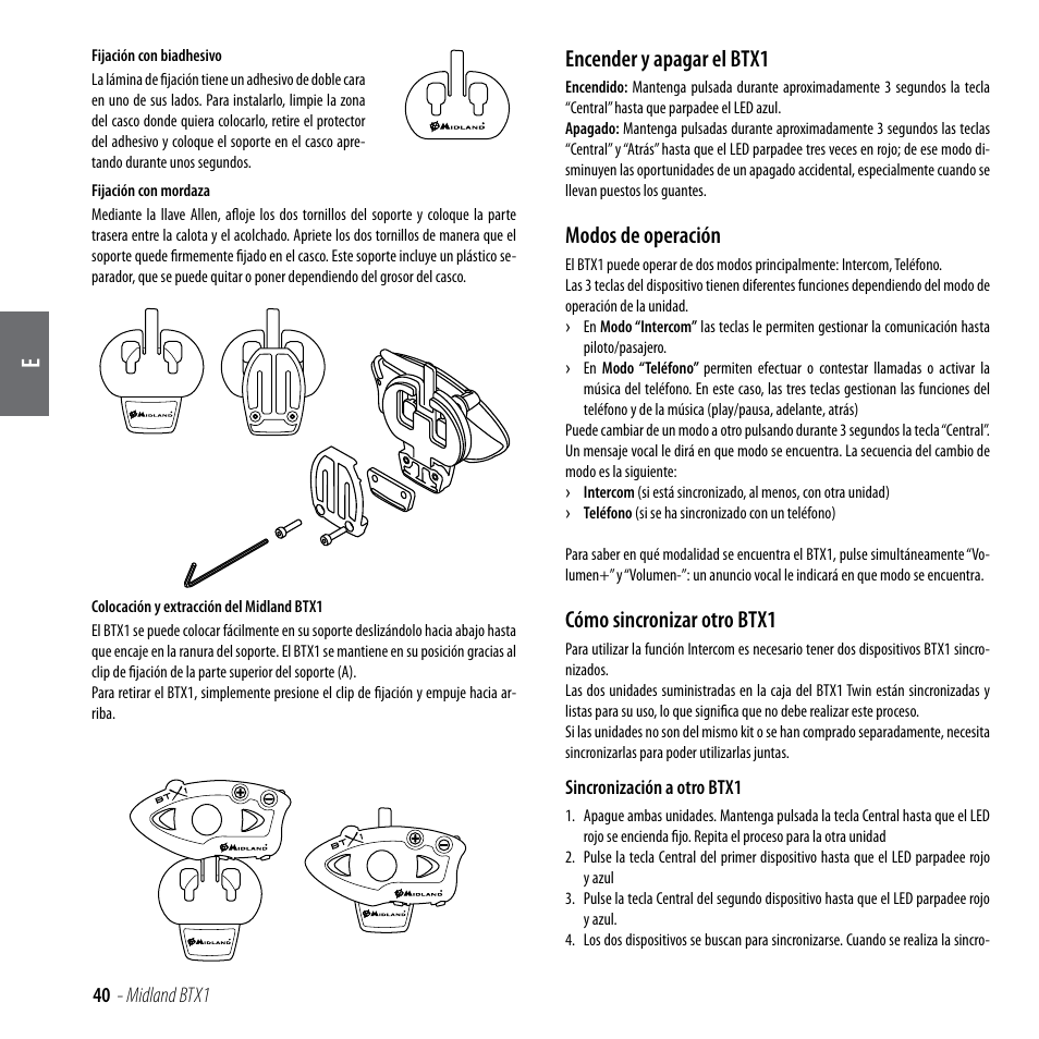 Encender y apagar el btx1, Modos de operación, Cómo sincronizar otro btx1 | MIDLAND BTX1 User Manual | Page 41 / 111