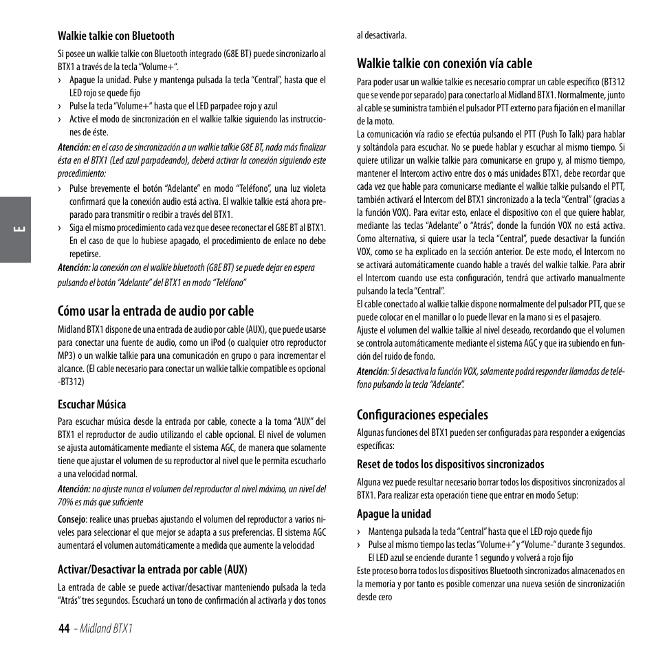 Cómo usar la entrada de audio por cable, Walkie talkie con conexión vía cable, Configuraciones especiales | MIDLAND BTX1 User Manual | Page 45 / 111