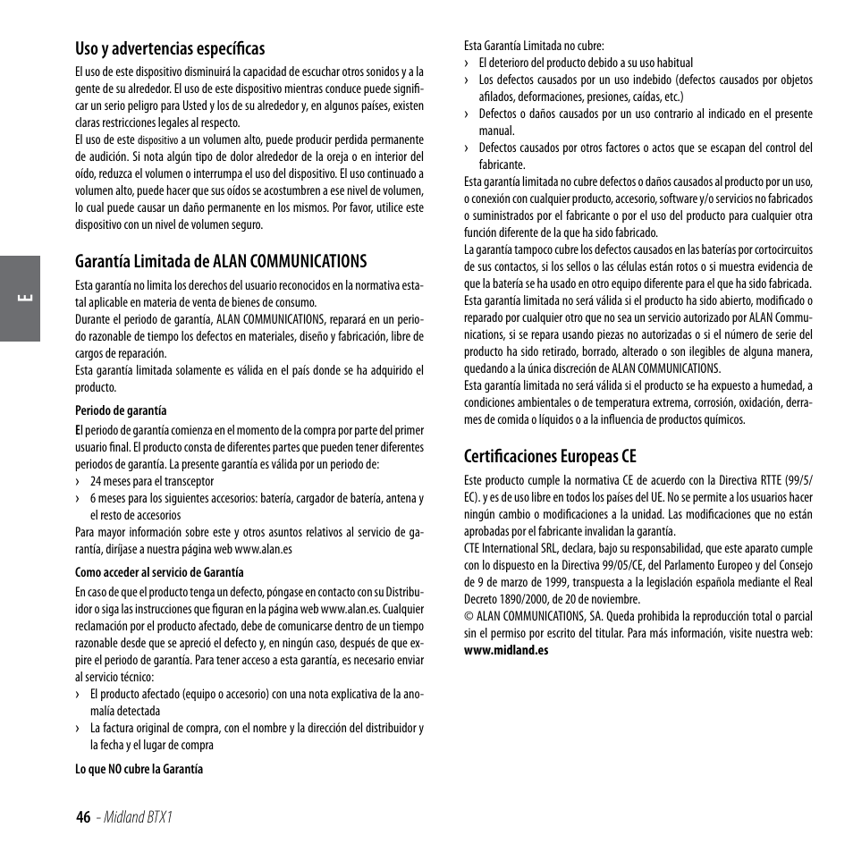 Uso y advertencias específicas, Garantía limitada de alan communications, Certificaciones europeas ce | MIDLAND BTX1 User Manual | Page 47 / 111